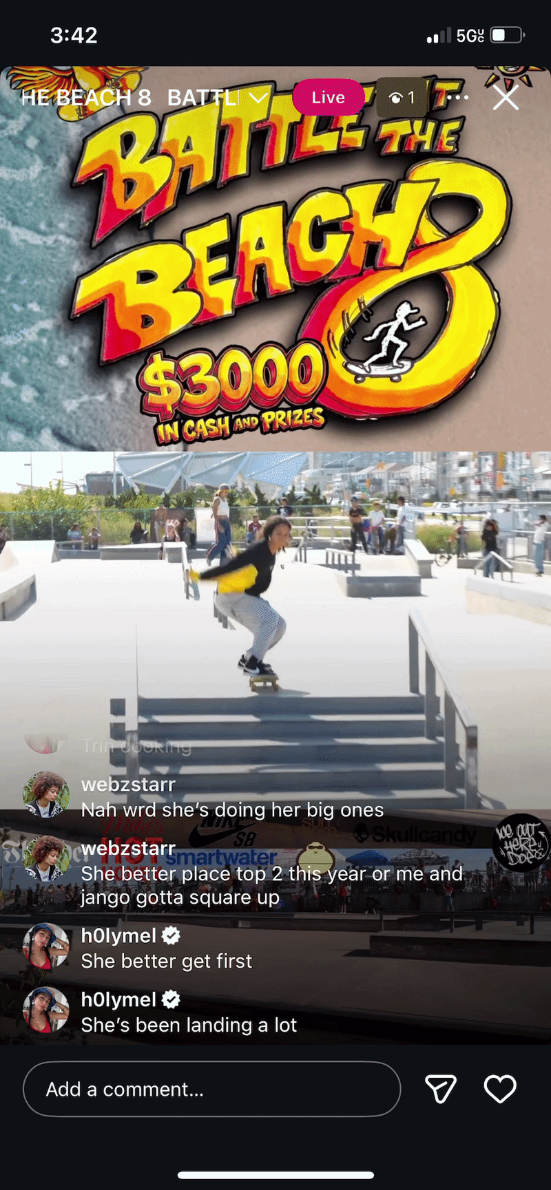 A skateboarder performs a trick at a skatepark with a printed sign for a Battle the Beach event at HE BEACH with $3000 in cash and prizes, visible in the background.