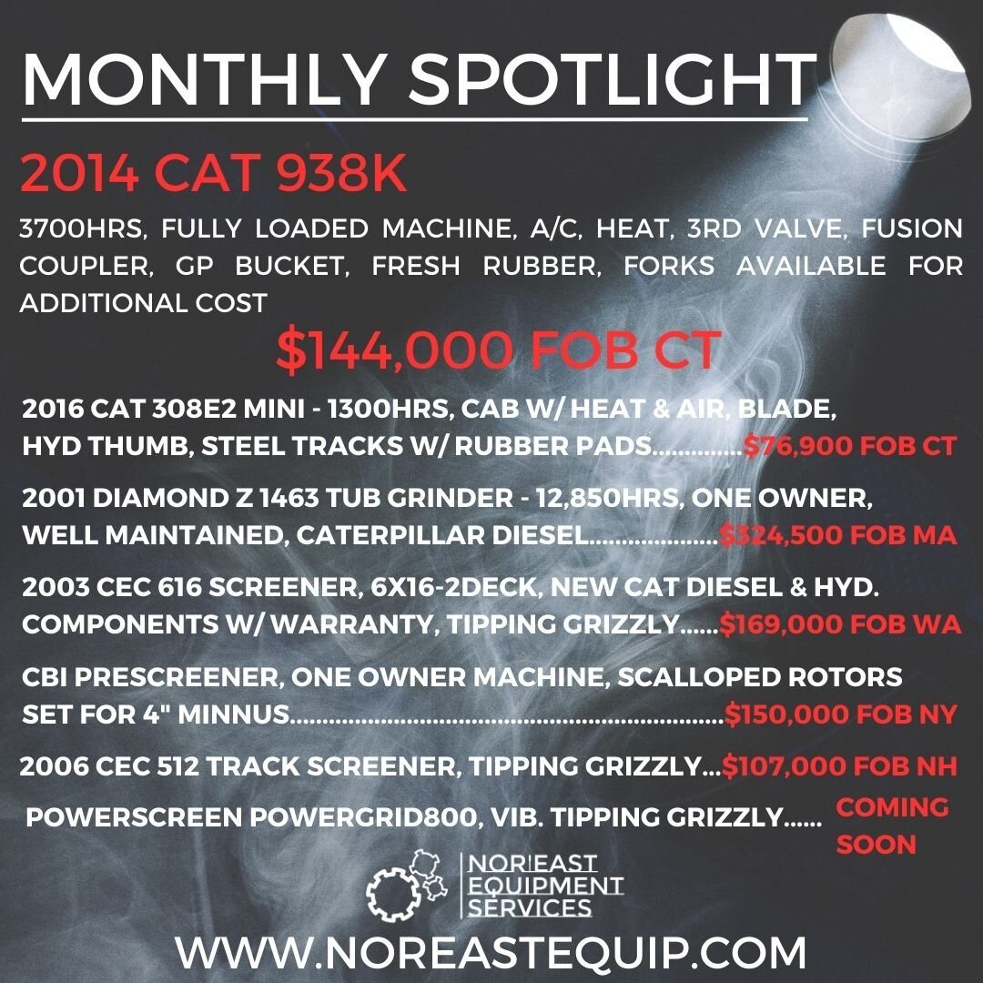 April Equipment Highlights

Financing💰 and Shipping🚚 
Available anywhere in USA

Email sales@noreastequip.com for details!

#heavyequipment #machinery #forsale #weknowequipment #construction #earthmoving #materialhandling #aggregate #quarry #landcl