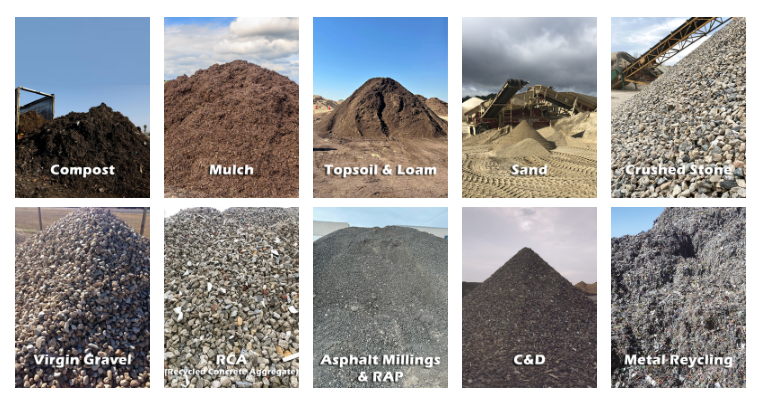 Material processing applications including compost, mulch, topsoil, sand, crushed stone, gravel, recycled concrete aggregate, asphalt millings, construction and demolition material, and metal recycling