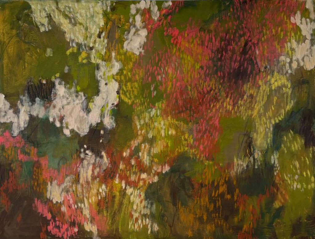 Abstract painting with green, pink, white, and yellow brushstrokes on a canvas.