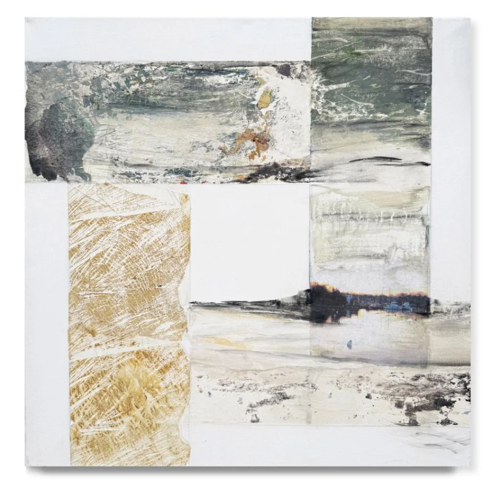 Abstract mixed media artwork with textured panels and neutral earth tone colors.