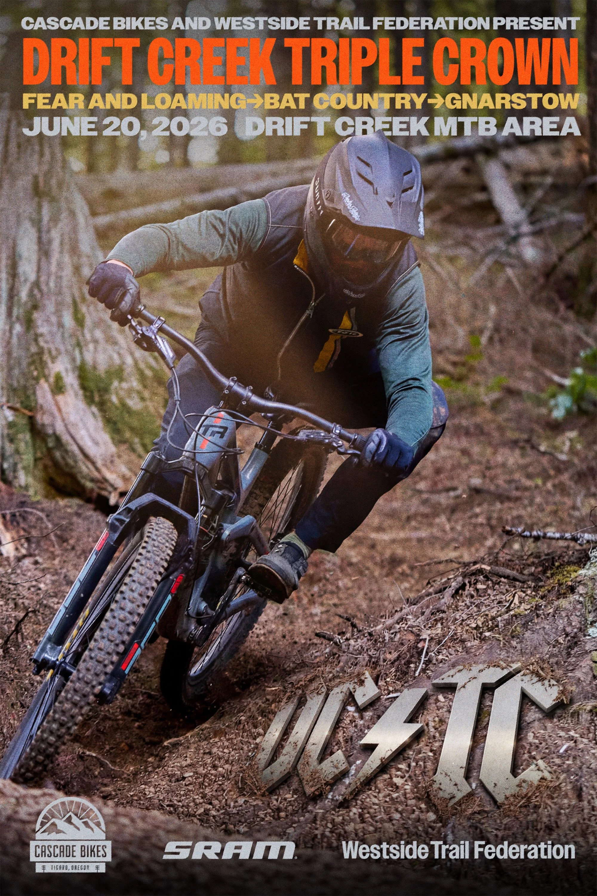 Mountain biker in black helmet and jacket riding on a dirt trail in a forest, with event poster overlay at the top and logo at the bottom left showing mountains and trees.