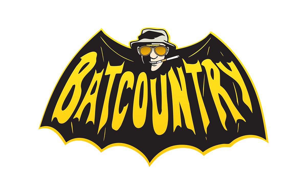 Illustration of a cartoon character with sunglasses and a cigarette, dressed in black cape with yellow text "BATCOUNTRY" on a yellow background.