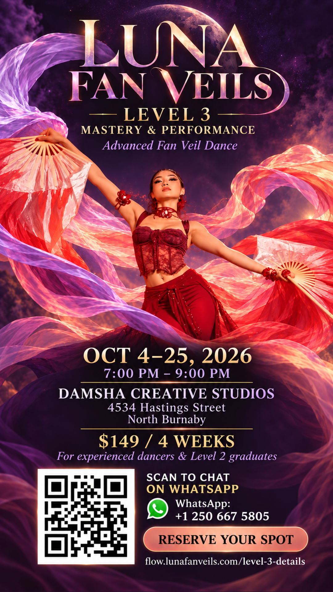 Luna Fan Veils Level 3: October 4–25, 7–9 pm, $149 for four weeks
