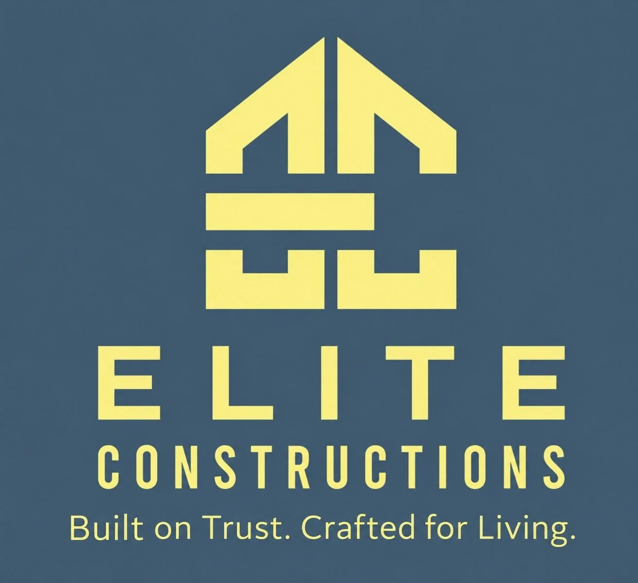 Logo for Elite Constructions featuring a stylized house icon above the company name and slogan, "Built on Trust. Crafted for Living."