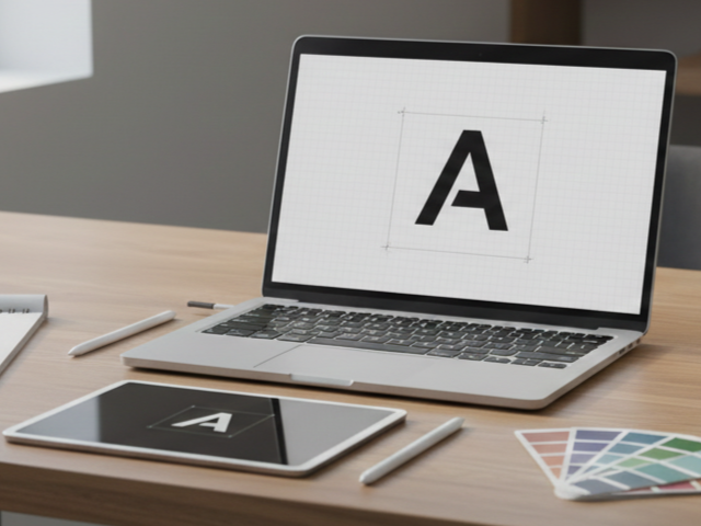 Laptop, tablet, stylus pens, and color palette on a wooden desk.