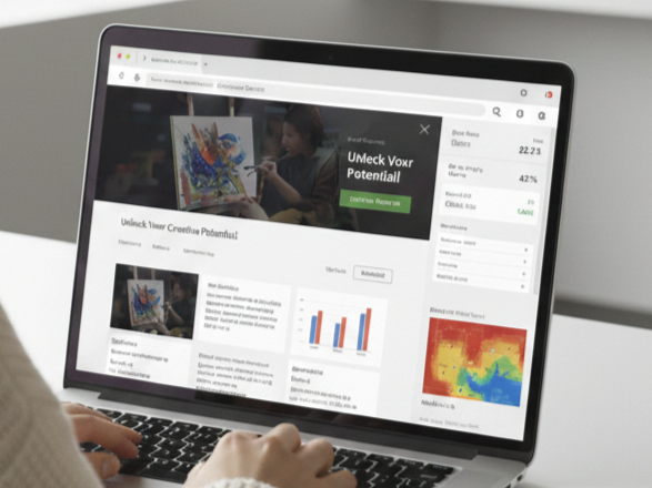Person using a laptop with a website displaying graphs and an advertisement for creative potential.