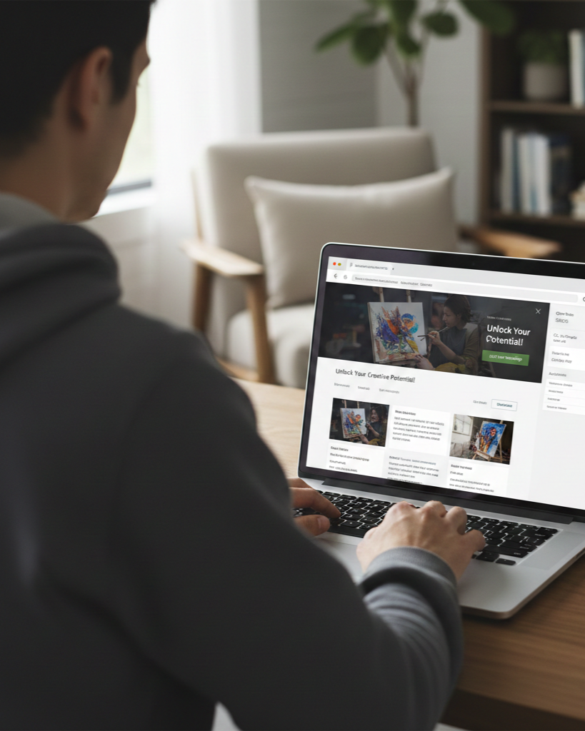 Person in a gray blazer browsing a website about art and creativity on a laptop in a home office.