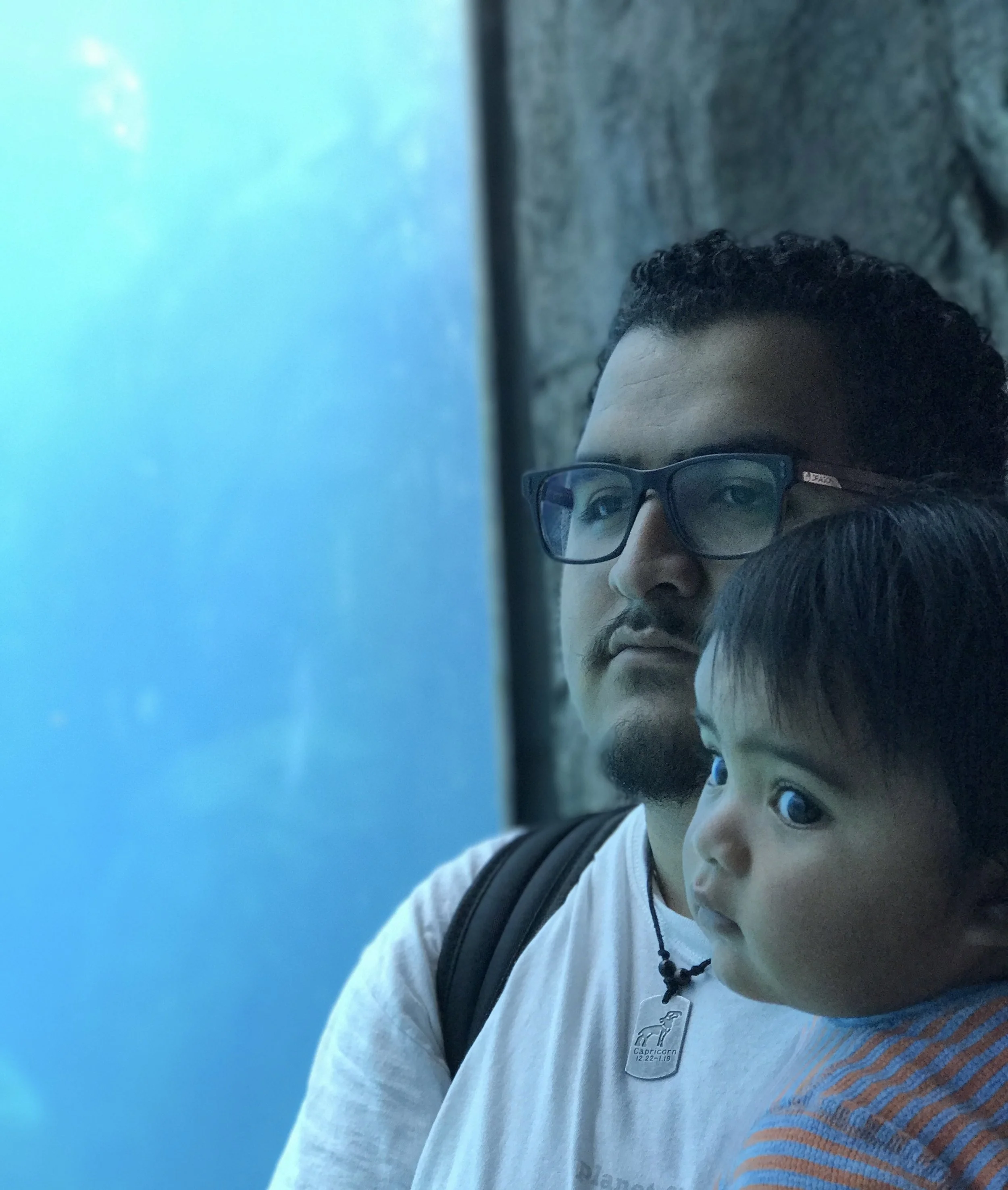 A man with glasses and a young child looking through a glass window, with a blue background on the left side.