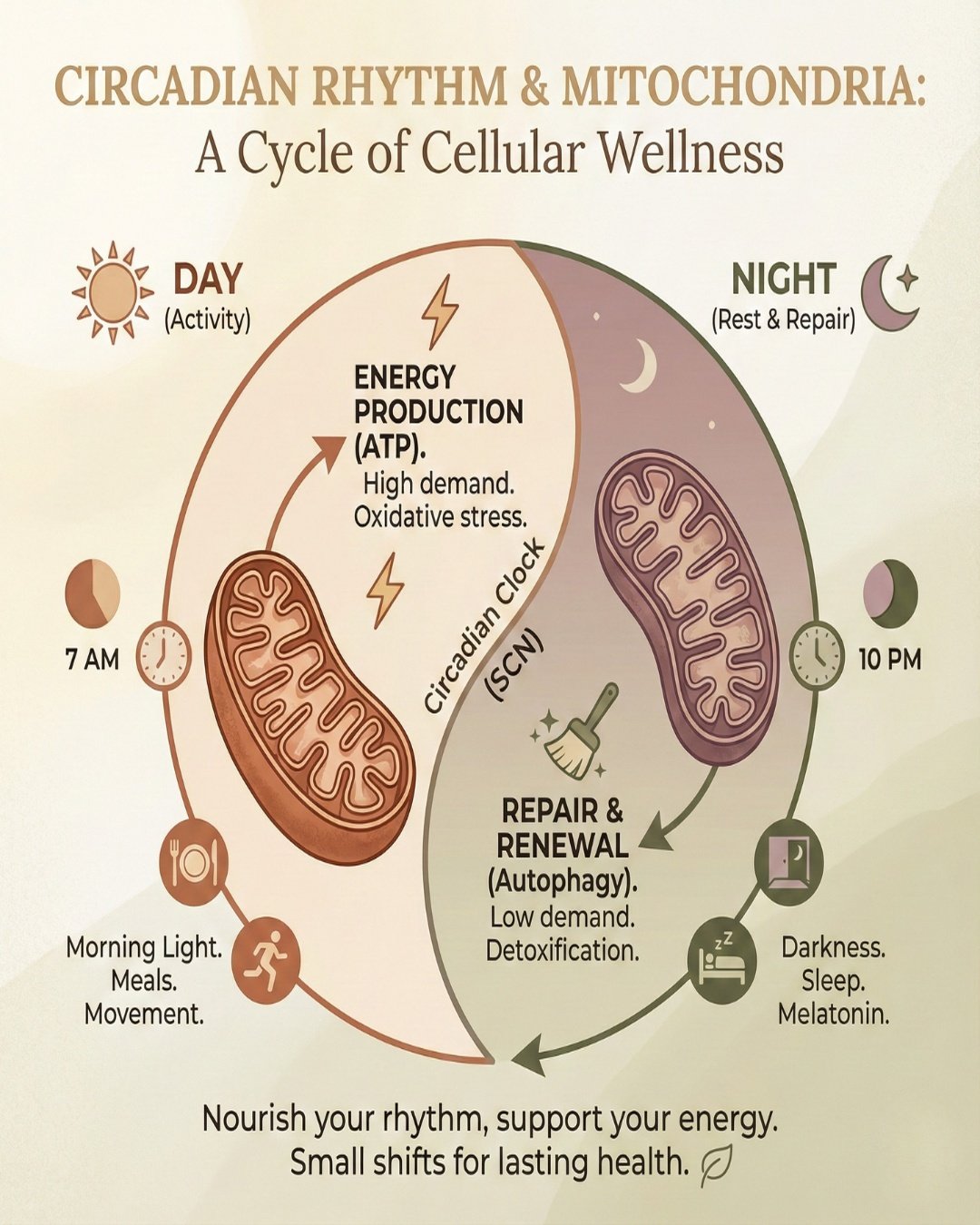 Mitochondria thrive on rhythm.

They respond to sleep timing, light exposure, nourishment, and recovery.

When rhythm is disrupted, energy output drops.
When rhythm returns, vitality follows.

Support the rhythm before chasing energy.

Comment RHYTHM