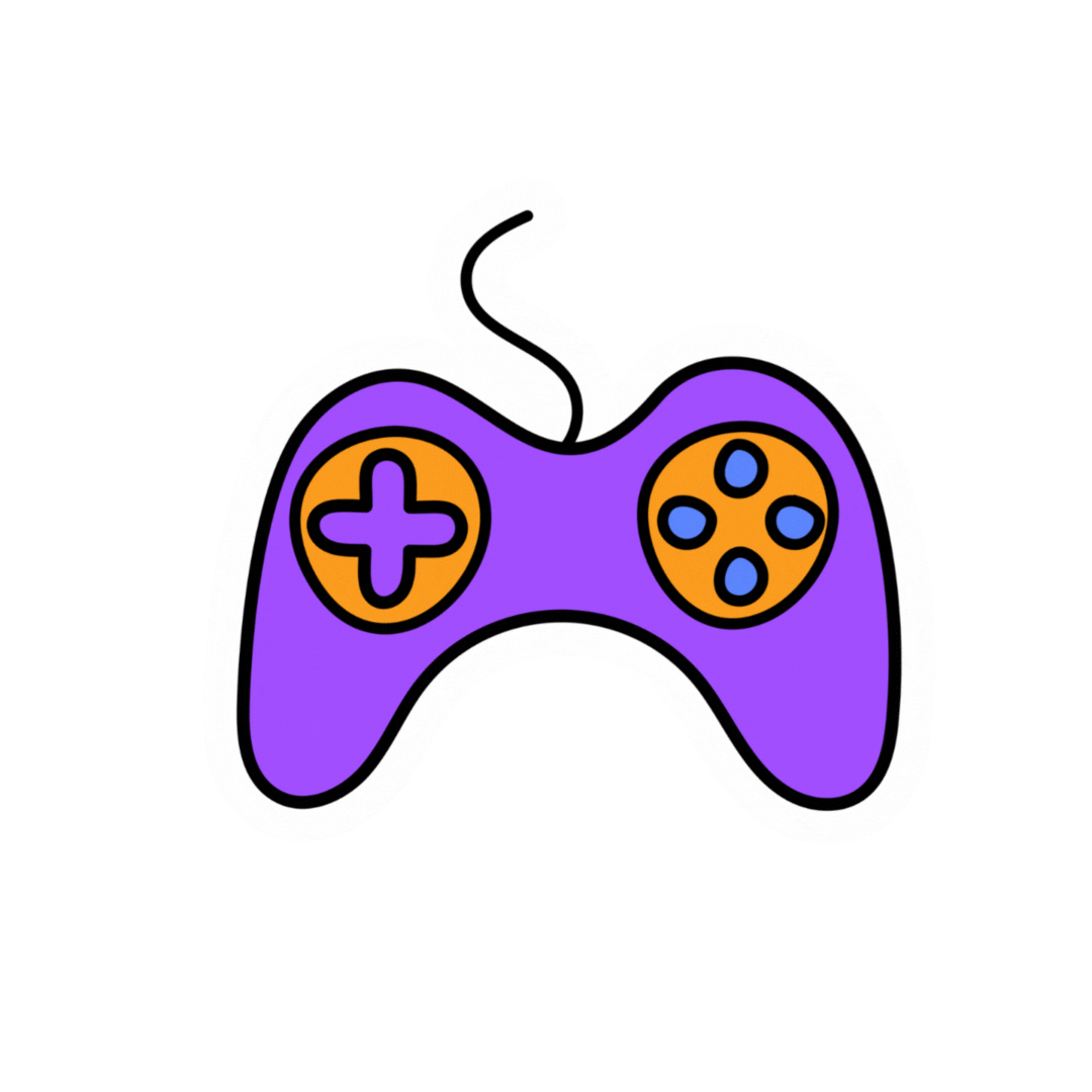 A colorful illustration of a video game controller in purple with orange buttons and black outlines on an orange background.