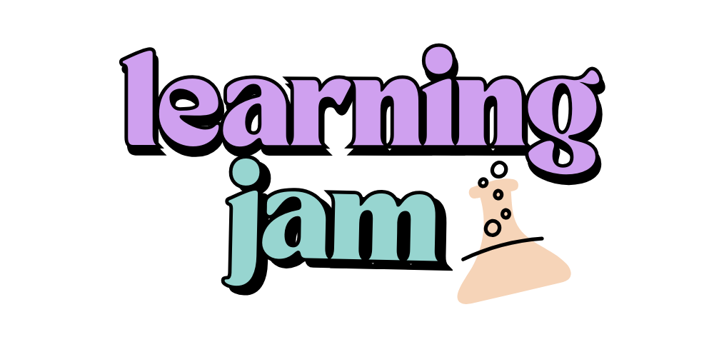 Colorful word art with the words 'learning,' 'jam,' and an illustration of a beaker or flask.