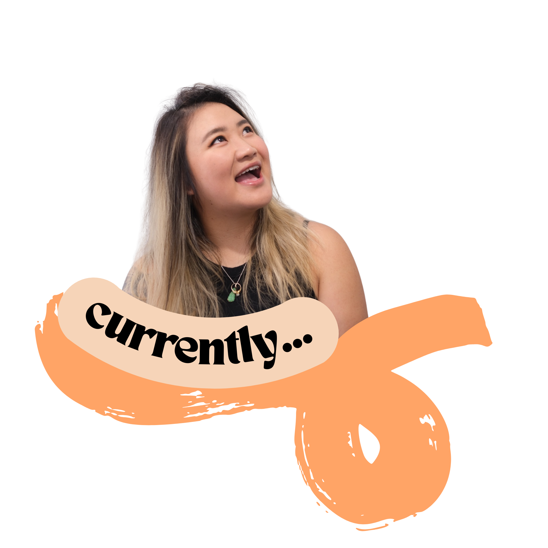 A woman with long, blonde hair looking up and smiling. There is a speech bubble below her head with the word 'currently...' in bold, black text.