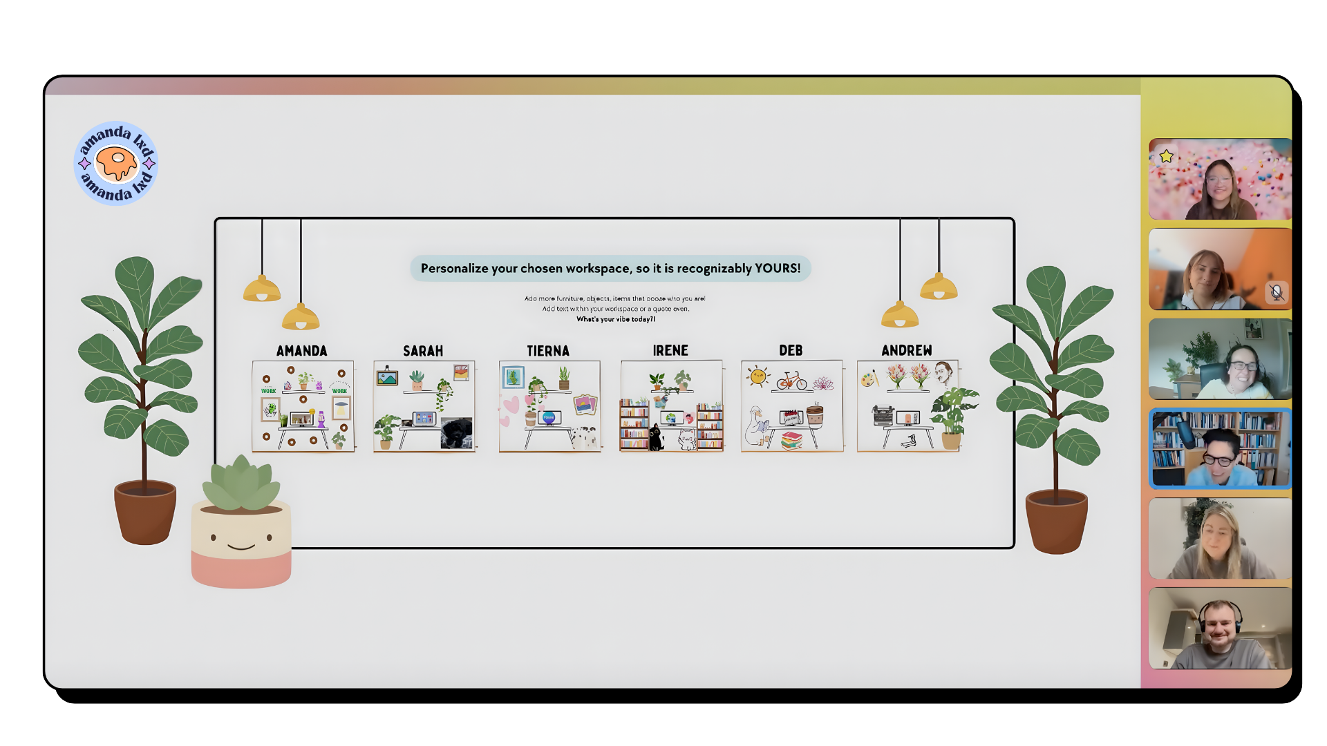 Virtual presentation slide showing personal workspaces for individuals named Amanda, Sarah, Tierna, Irene, Deb, and Andrew, decorated with plants and illustrations, with a border of five people in a video conference on the right.