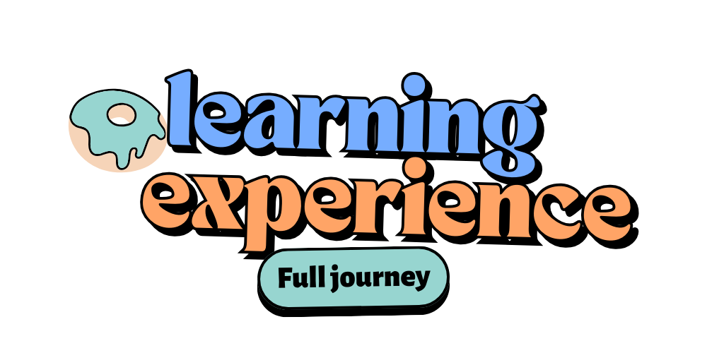 Colorful text that reads 'learning experience' with a doughnut illustration and a button that says 'Full journey' on a black background.