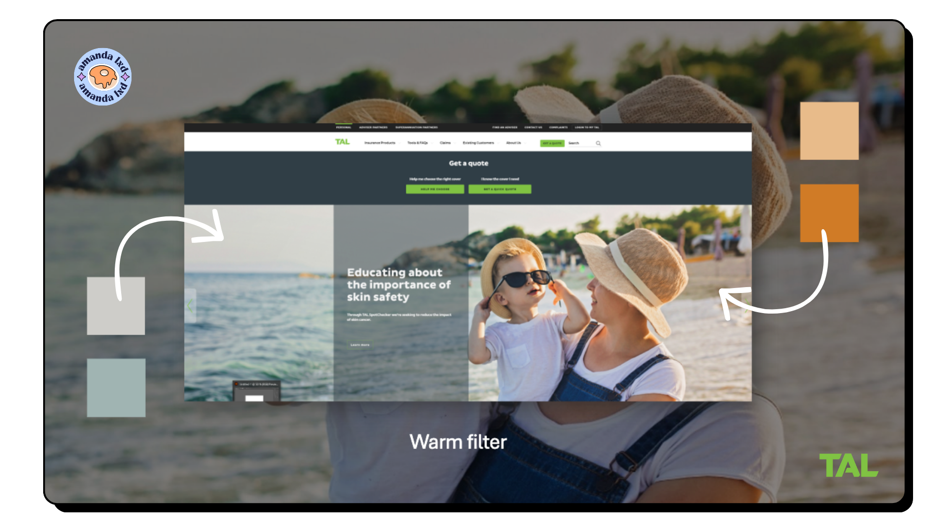 A woman and a child at the beach, both wearing sun hats, with the woman holding the child. The woman is smiling and the child is putting on sunglasses. The background features the ocean and a beach. Overlaid on the image is a website screenshot about skin safety education, with icons indicating different color filters applied to the photo.
