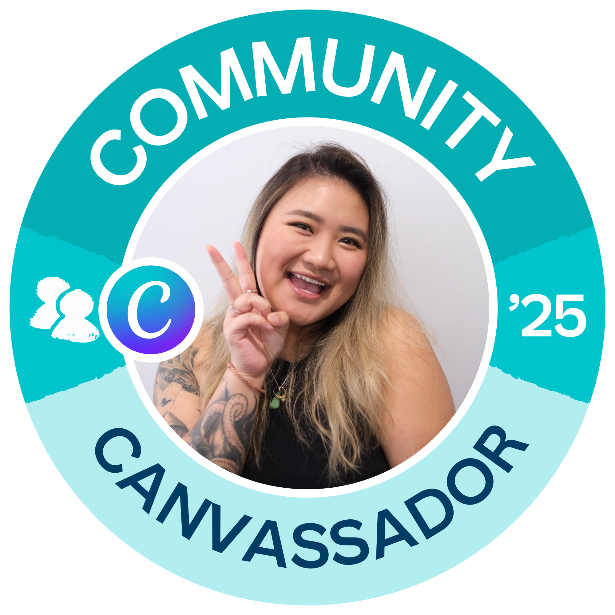 A smiling young woman making a peace sign with her right hand, within a circular badge that reads 'Community,' 'CANVA, and 'Ambassador' with the year '25' in white text.