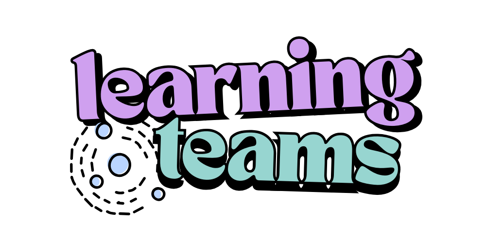 Colorful text saying 'learning' in purple and 'teams' in teal with small decorative bubbles on a black background.