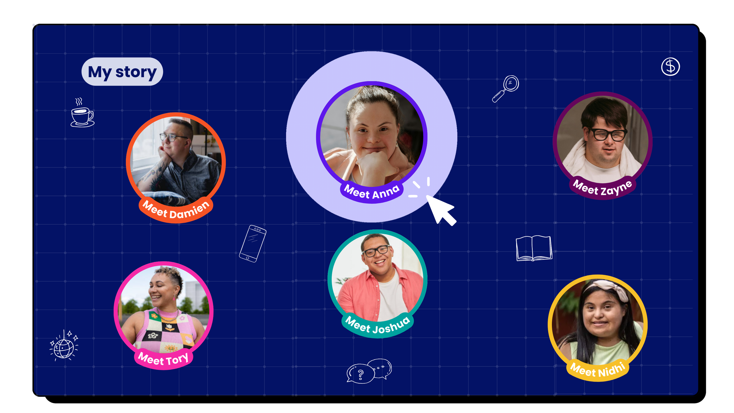 Digital illustrated collage featuring five illustrated profile pictures of diverse children on a blue background with doodle-style icons. The central girl, Anna, has a purple border and label saying 'Meet Anna.' Surrounding her are other children: Zayne, Tiffany, Nidhi, and Joshua, each with colored borders and labels introducing them, with the girl Anna highlighted with a larger circle and a mouse cursor icon pointing to her.