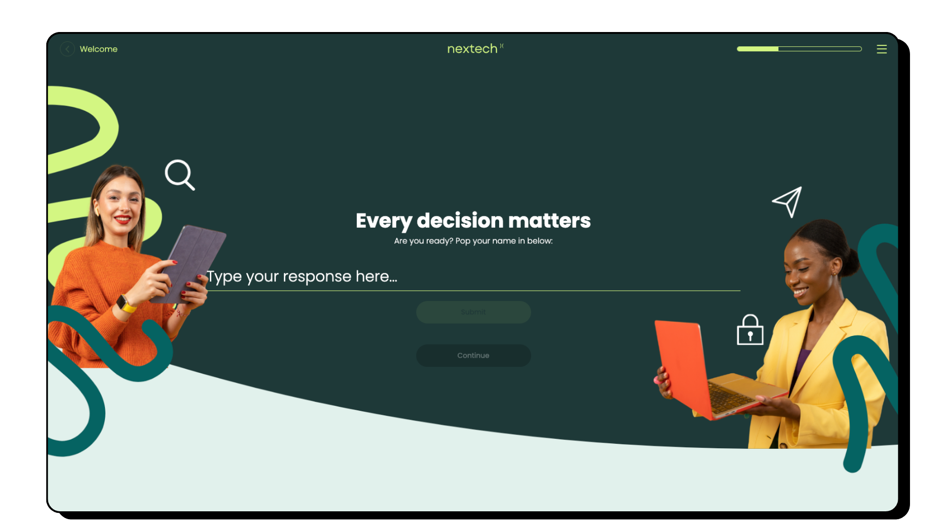 Screenshot of a website homepage titled 'Every decision matters' with a dark green background. Two women are on either side of the page, one on the left wearing an orange sweater holding a tablet and the other on the right in a yellow blazer holding a laptop. There are abstract design elements and icons, including a lock and a paper airplane.