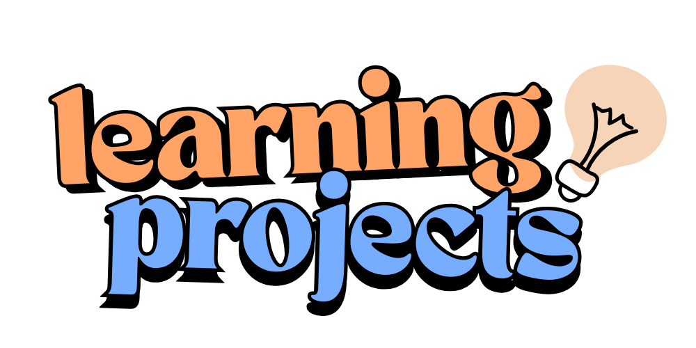 Illustration of the words 'learning projects' in colorful text with a light bulb icon on a black background.