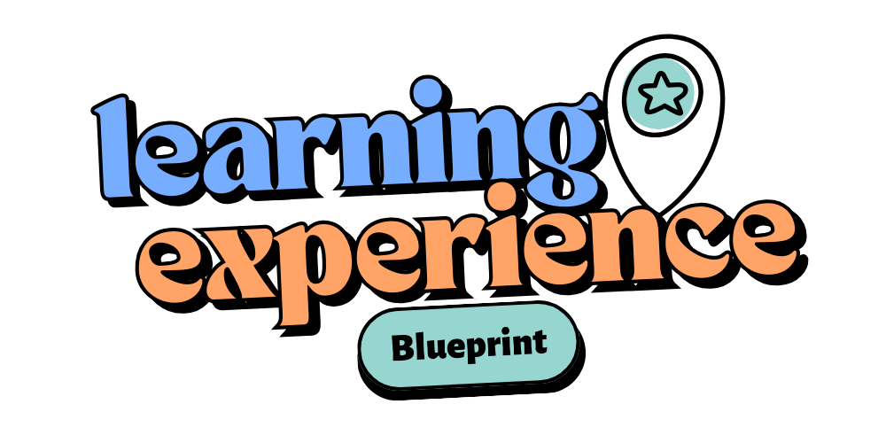 Colorful graphic text reads 'learning experience' with a smaller label 'Blueprint' and a star icon on a black background.