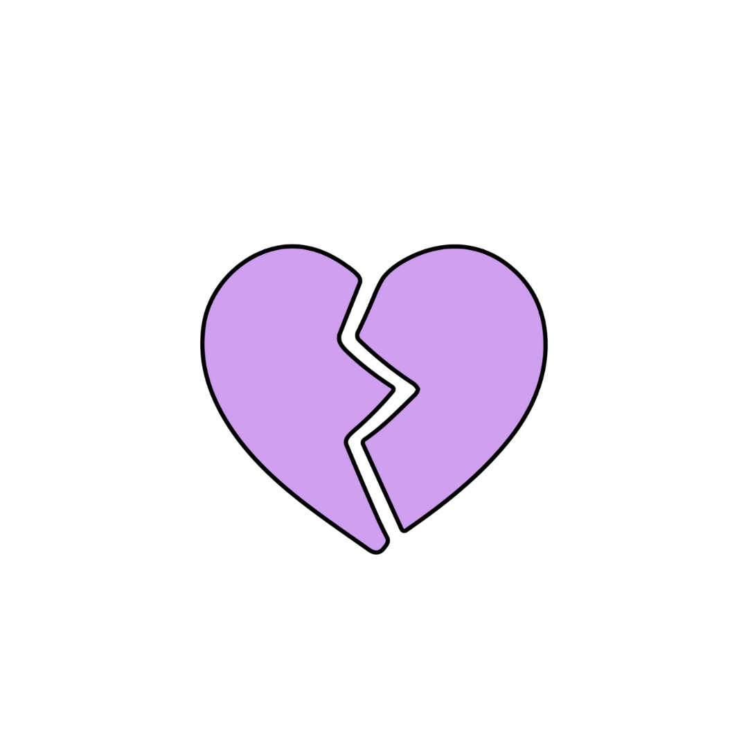 A purple broken heart symbol with a black background.