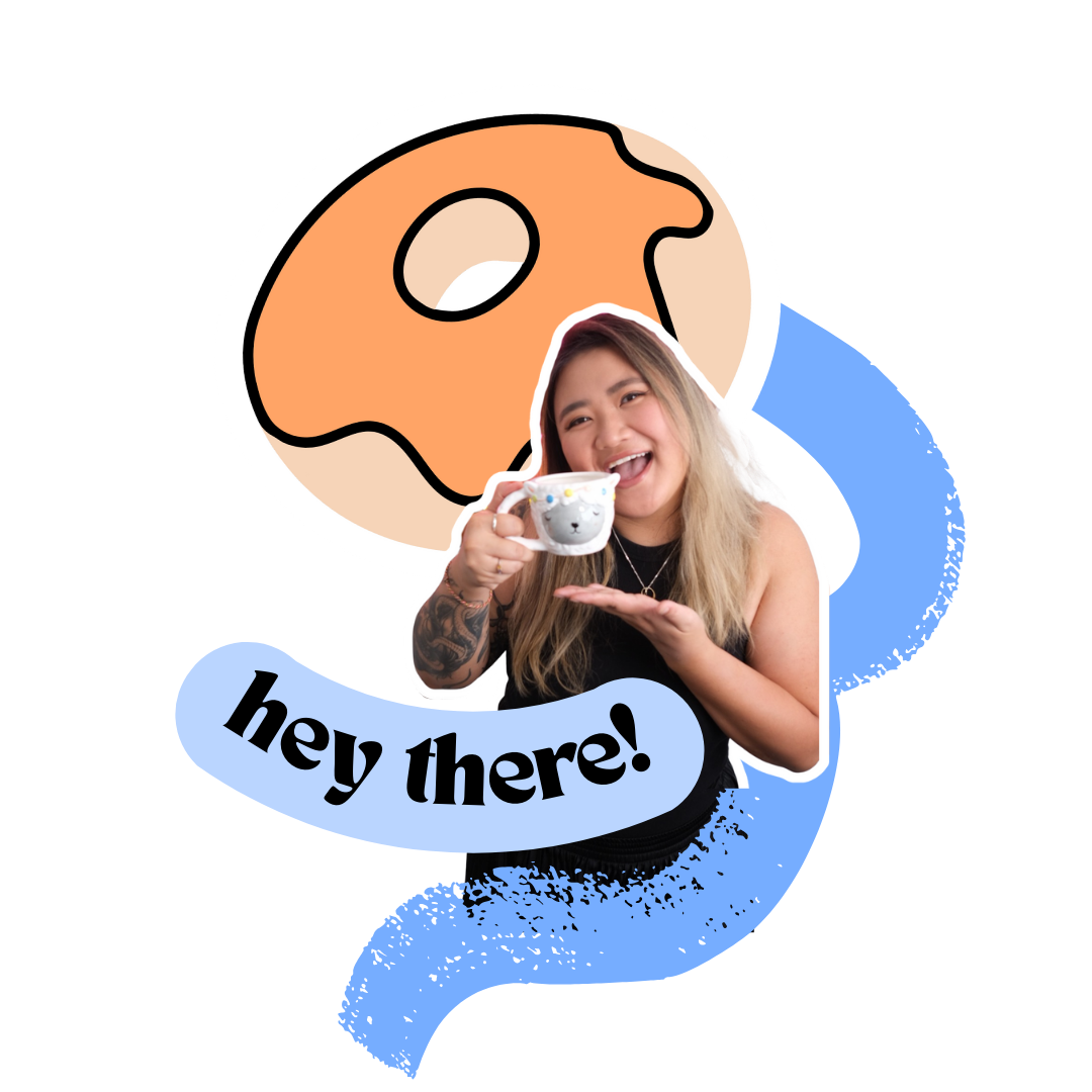 A woman smiling and holding a coffee mug with a bear face, surrounded by playful graphic elements including a stylized donut and a speech bubble with the text "hey there!".