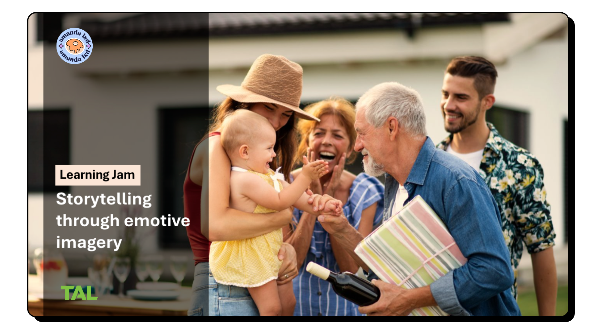 Group of people celebrating outdoors, including a woman holding a baby and an older man holding a gift bottle, with a house in the background.