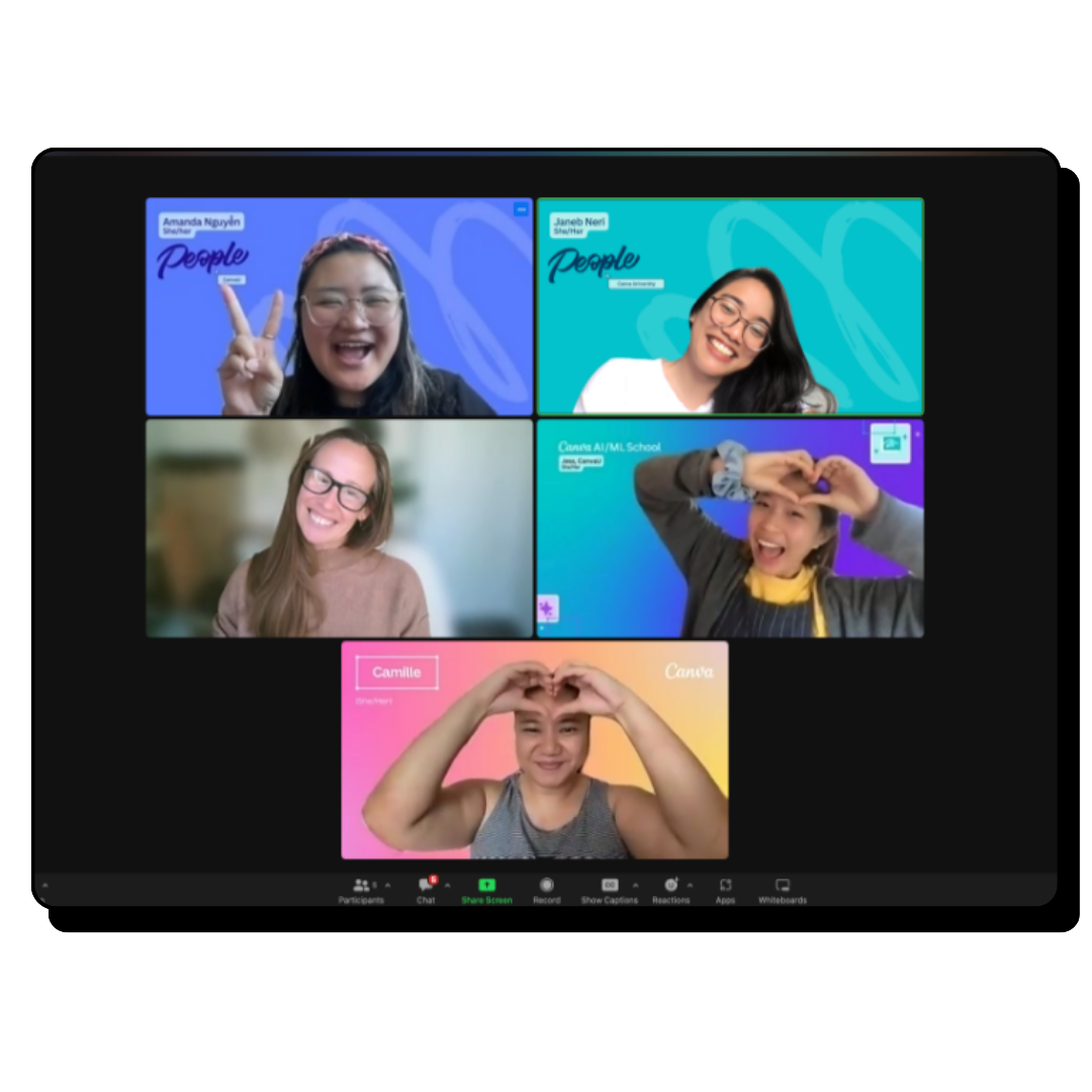 Screenshot of five diverse women in a virtual Zoom meeting, smiling and making heart or peace gestures, with colorful backgrounds and name labels.