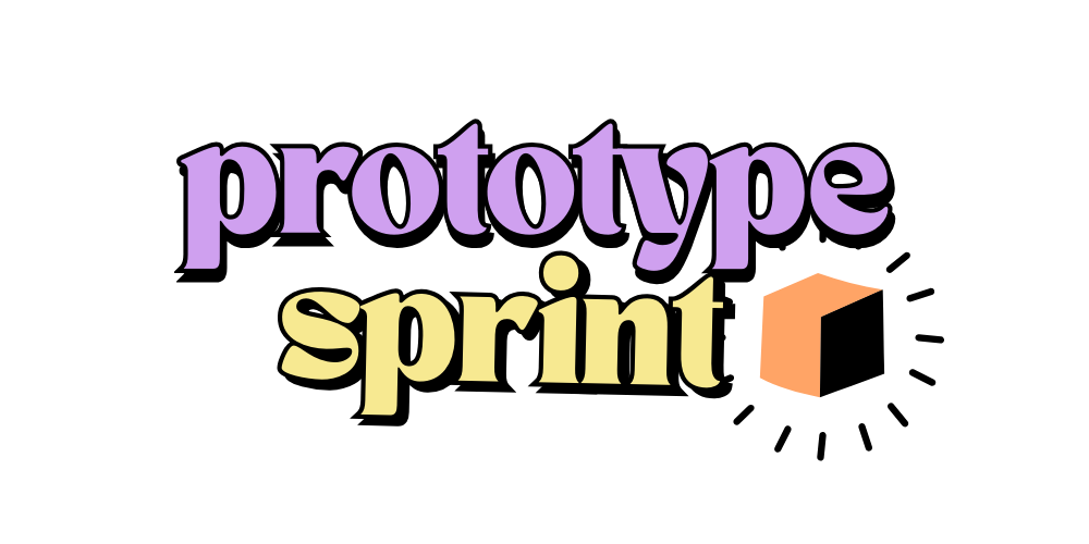 Word cloud with the words 'prototype' in purple and 'sprint' in yellow, with a small orange arrow pointing to the right.