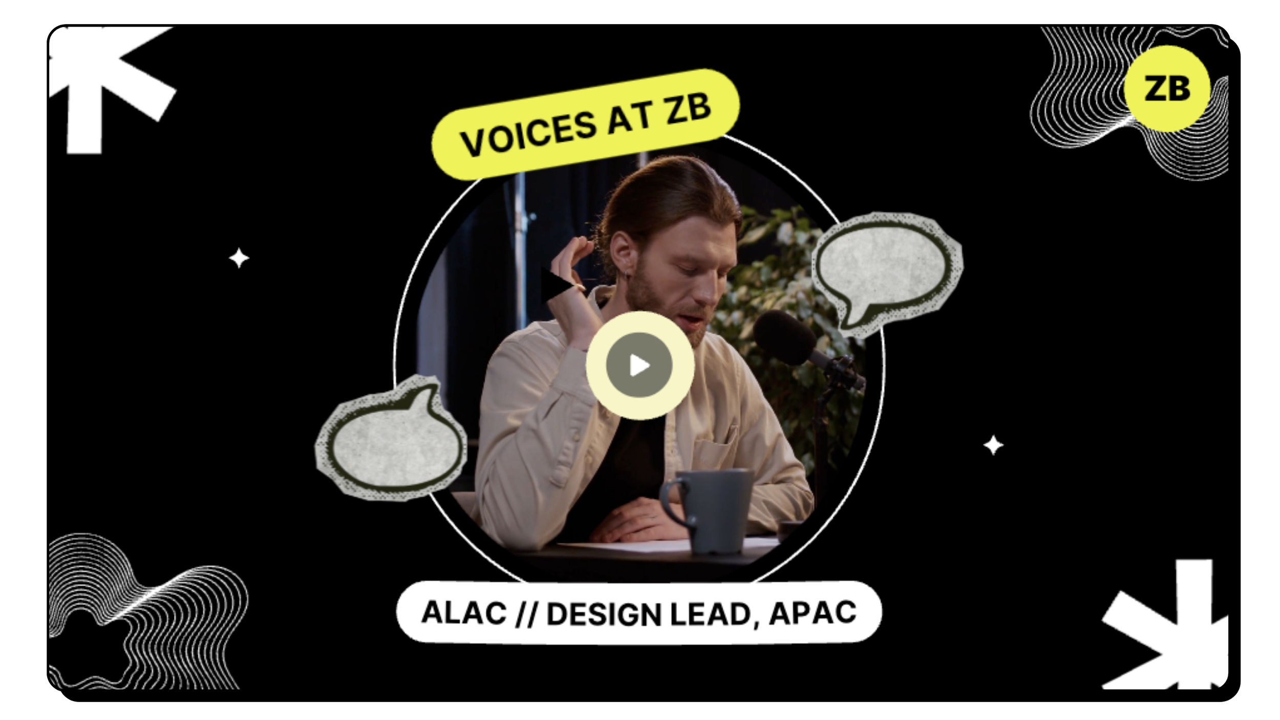 A person speaking into a microphone during a podcast or interview, with graphics including speech bubbles, a play button, and labels such as 'VOICES AT ZB', 'ZB', and 'ALAC // DESIGN LEAD, APAC' on a black background.