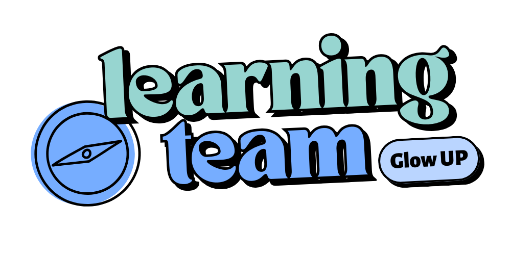 Word cloud with the words 'learning', 'team', and 'Glow UP', alongside a blue compass icon.