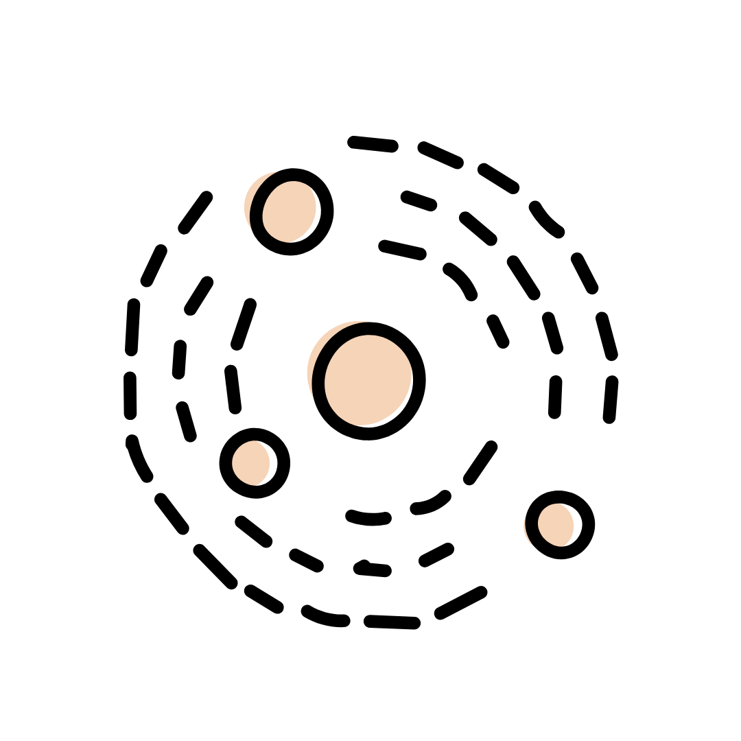 Black and beige abstract illustration featuring circles and curved lines.