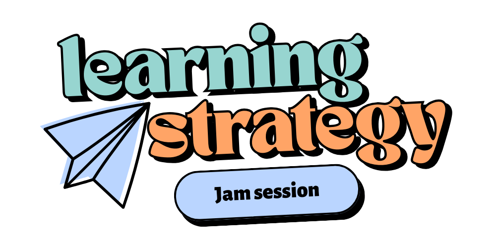 Text reading 'learning strategy' in large colorful letters with a paper airplane graphic and a smaller text bubble saying 'Jam session'.