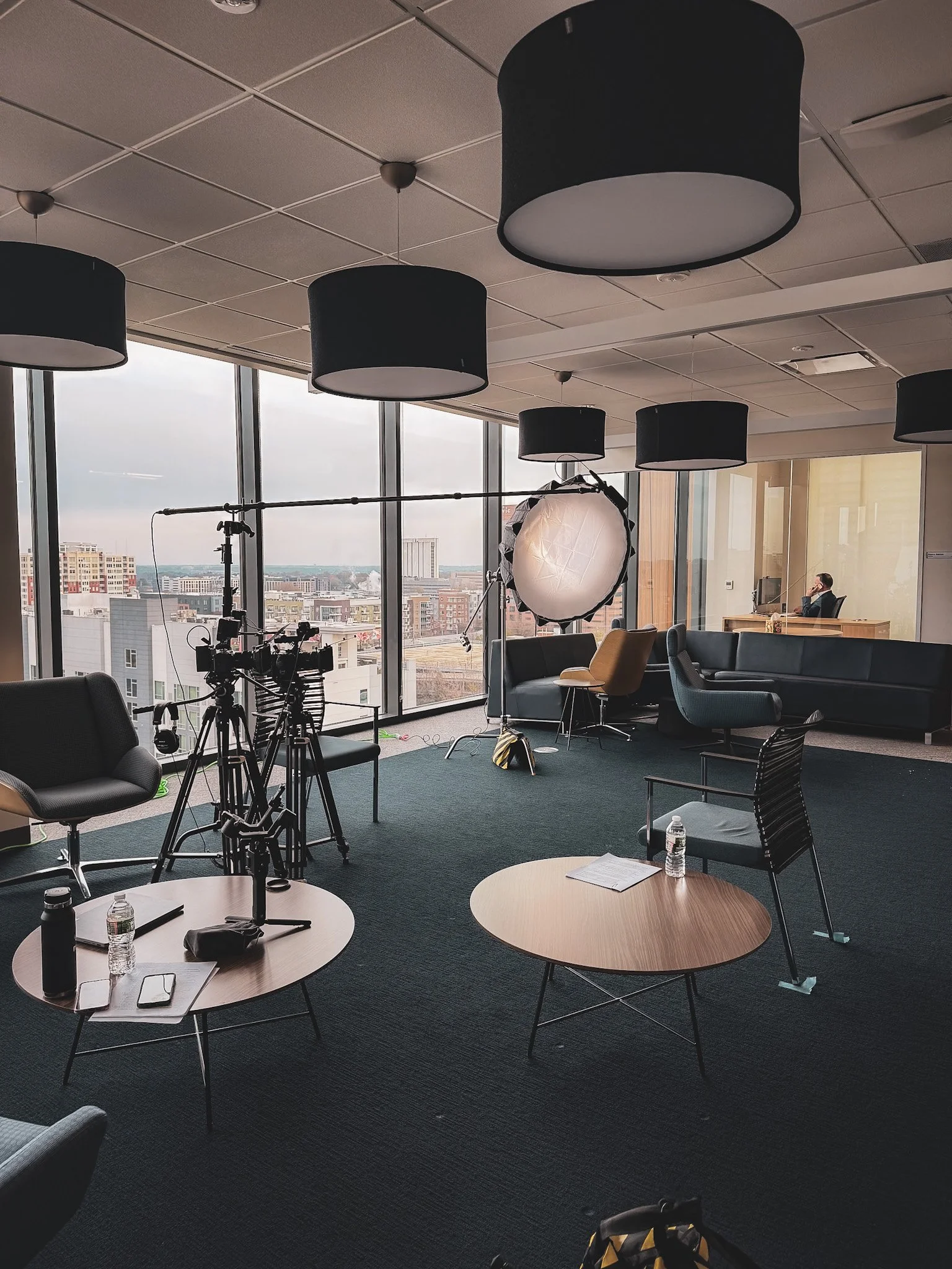 Multi-camera interview lighting setup for a corporate video shoot in Raleigh, NC