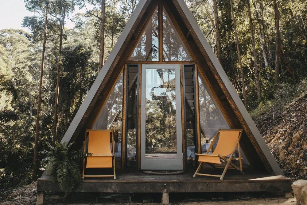 A-frame cabin among the trees