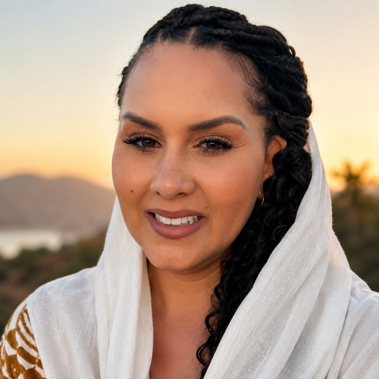 Lentice Sanders, founder and facilitator of The Way of Love, smiling outdoors in a white headscarf.