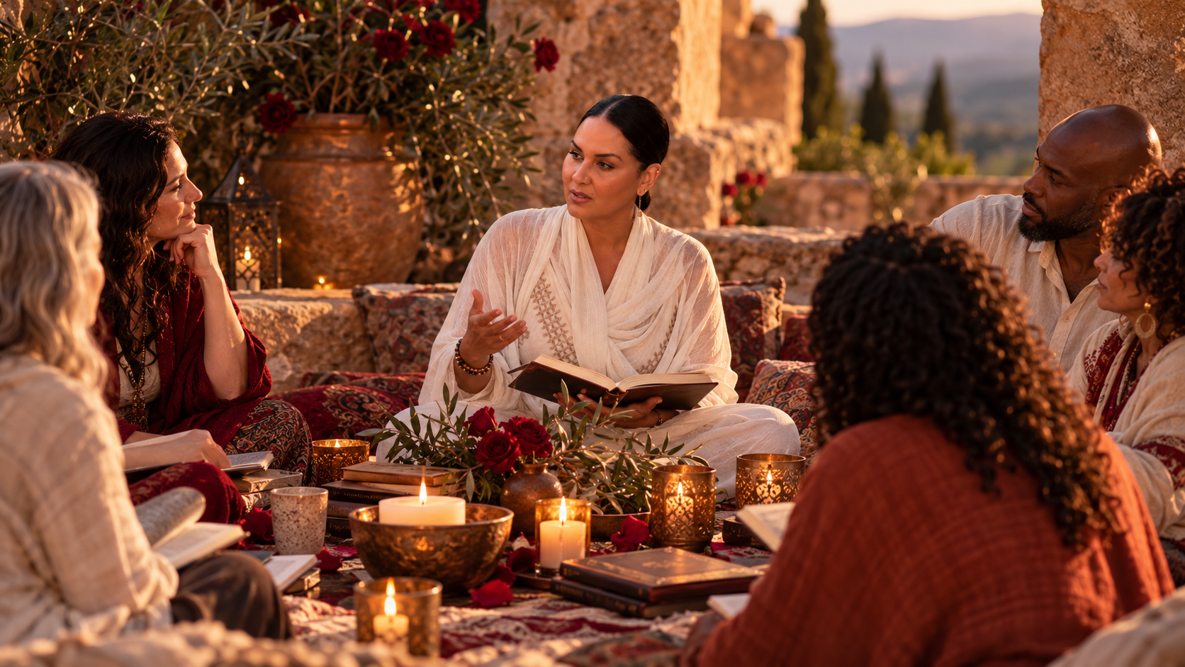 A group of people gathered around candles, listening as a woman reads from an open book.