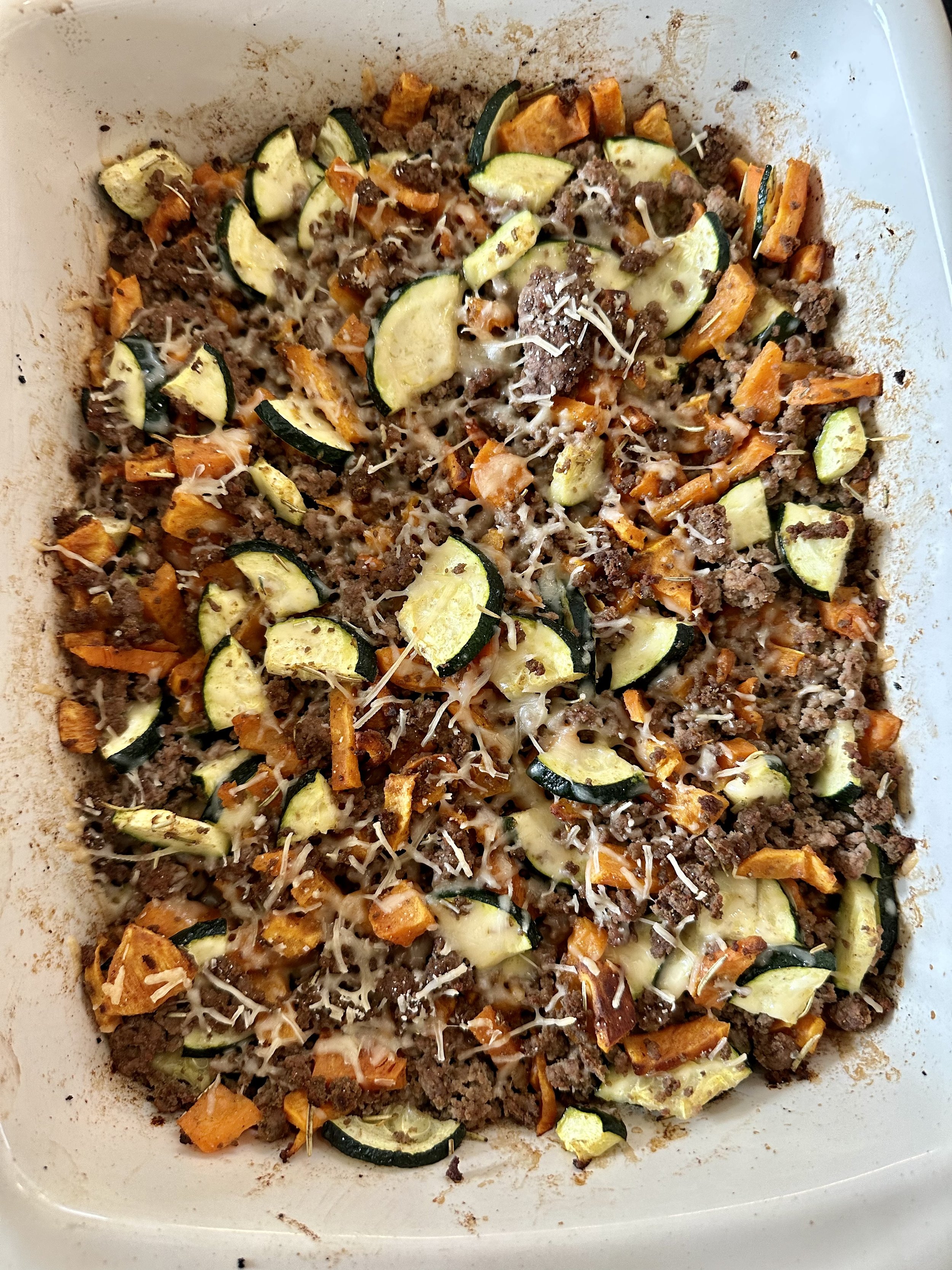 Cheesy Beefy Sweet Potato Zucchini Bake — Baylie Mindset Mentor