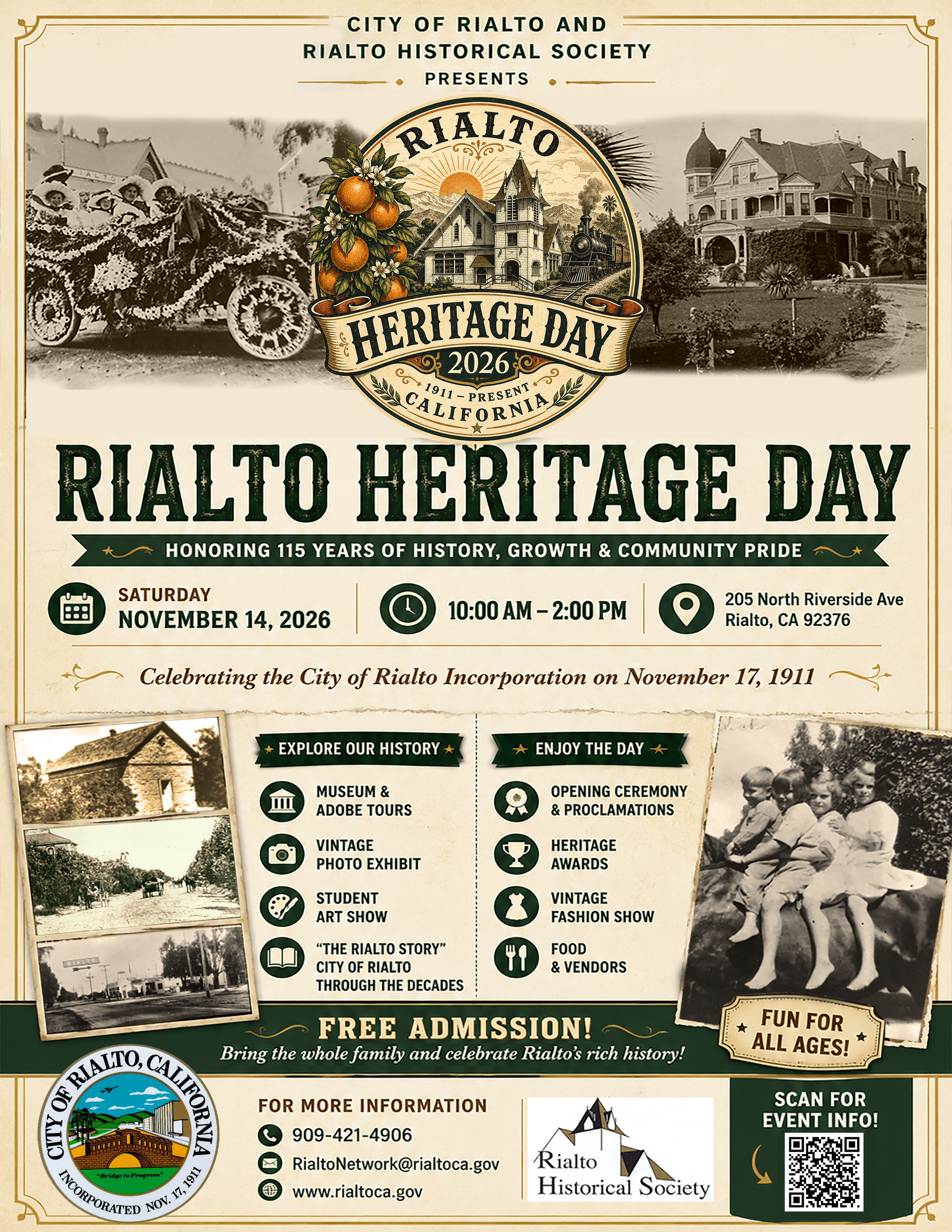 Poster for Rialto Heritage Day 2026 in Rialto, California, celebrating 115 years of history, growth, and community pride, with event details and historical images.
