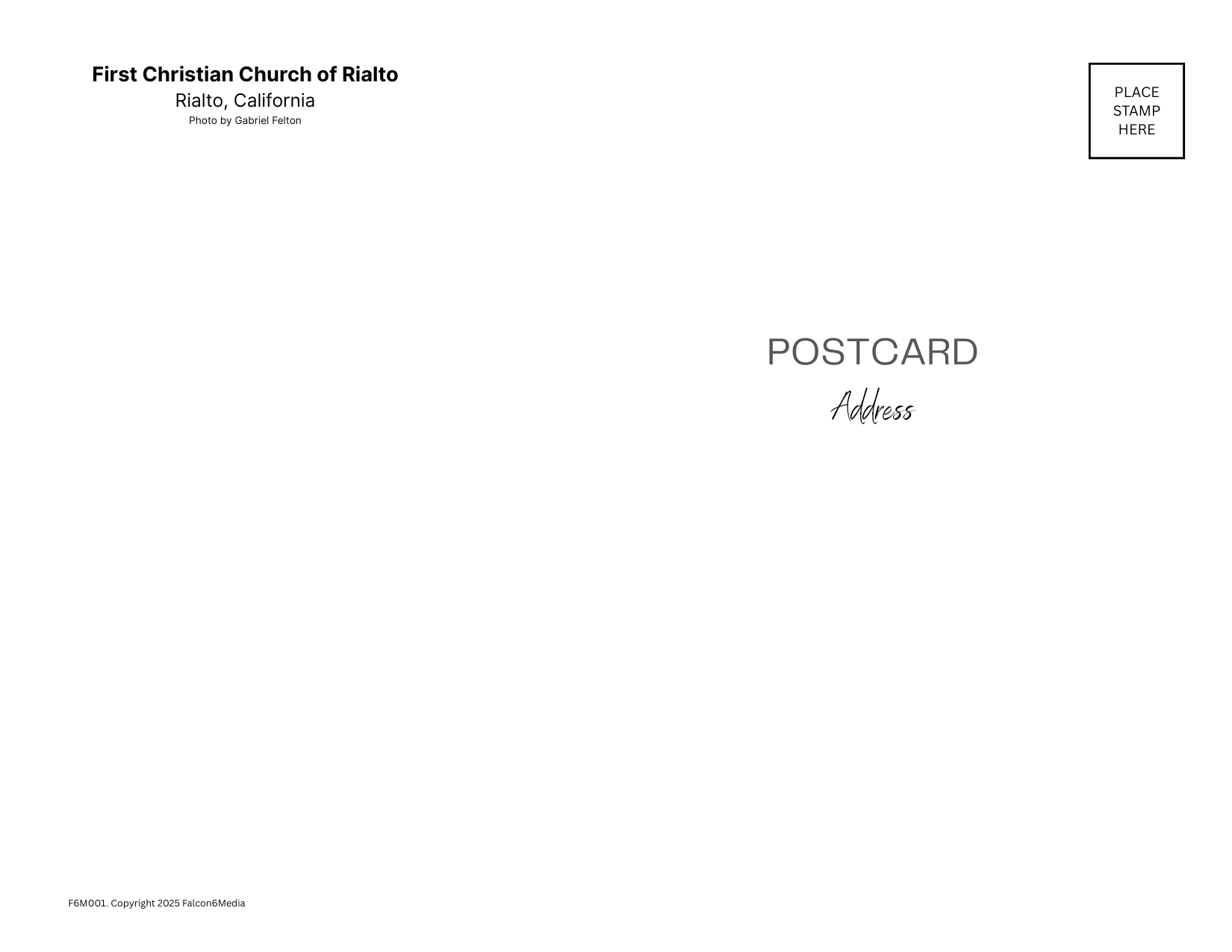 Blank postcard template with space for a stamp and address, and text indicating it is from the First Christian Church of Rialto, California.