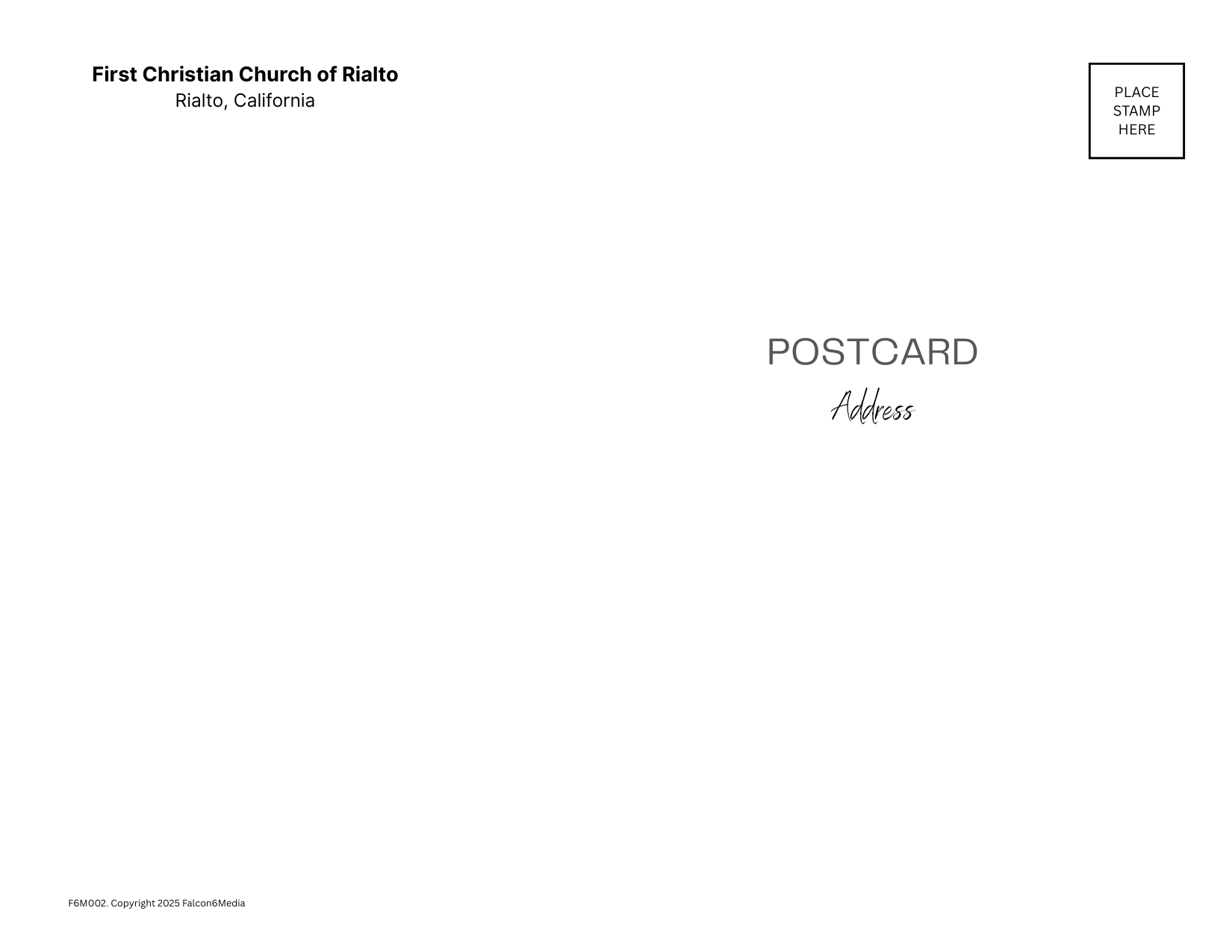 Blank postcard template with space for a stamp and address, and text indicating it is from the First Christian Church of Rialto, California.