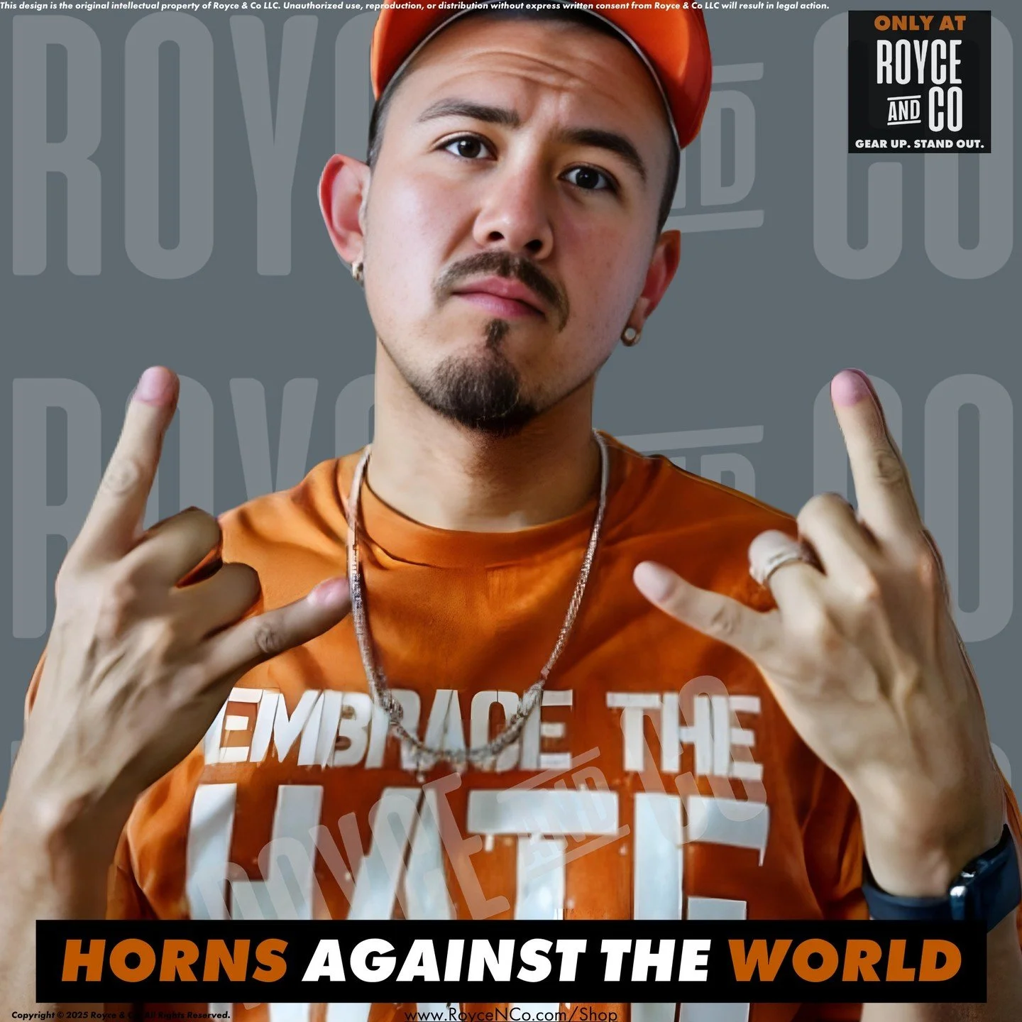 It's Horns Against the World!🤘 
Ready to rep your Burnt Orange Pride?
@kyleumlangofficial is already rocking the vibes🔥 Be part of the movement and get your 'Embrace The Hate" shirt and hoodies TODAY at RoyceNCo.Com!
#HookEm #ThisIsTexas #C