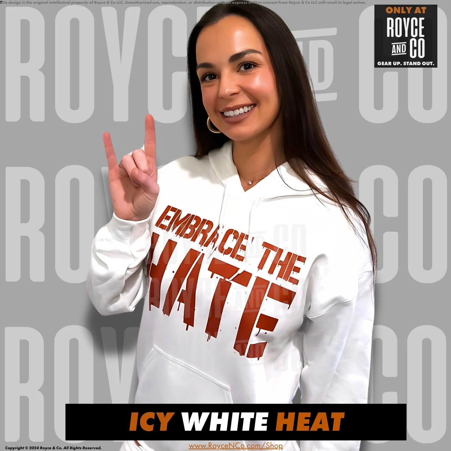 💥 It’s hoodie season, and Texas is making history! 
Rock the "Embrace The Hate" Hoodie and rep with Texas Pride! 
Burnt Orange, Black, or Icy White—what’s your pick?
👉 Get yours now: RoyceNCo.com/shop
#GearUpStandOut
