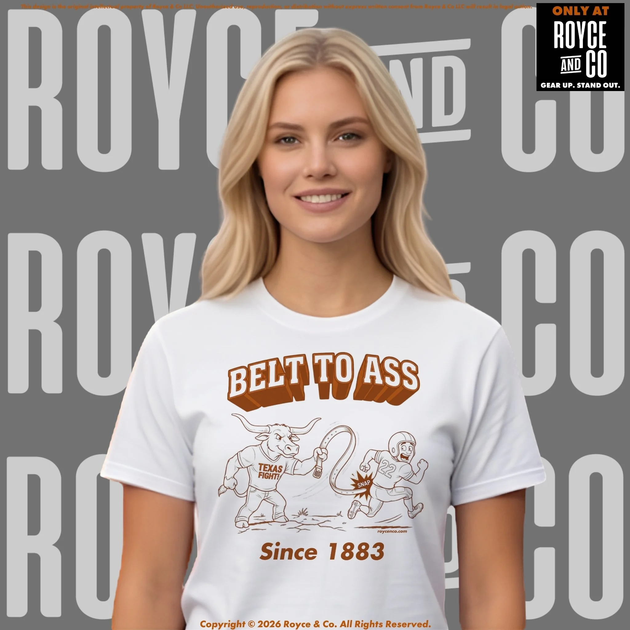A woman wearing a white T-shirt with a graphic design of longhorns and cartoon characters and text that says 'Since 1883'. The background features text that says 'ROYCE AND CO'. The woman has blonde hair, and the overall color scheme includes grey, white, and orange.
