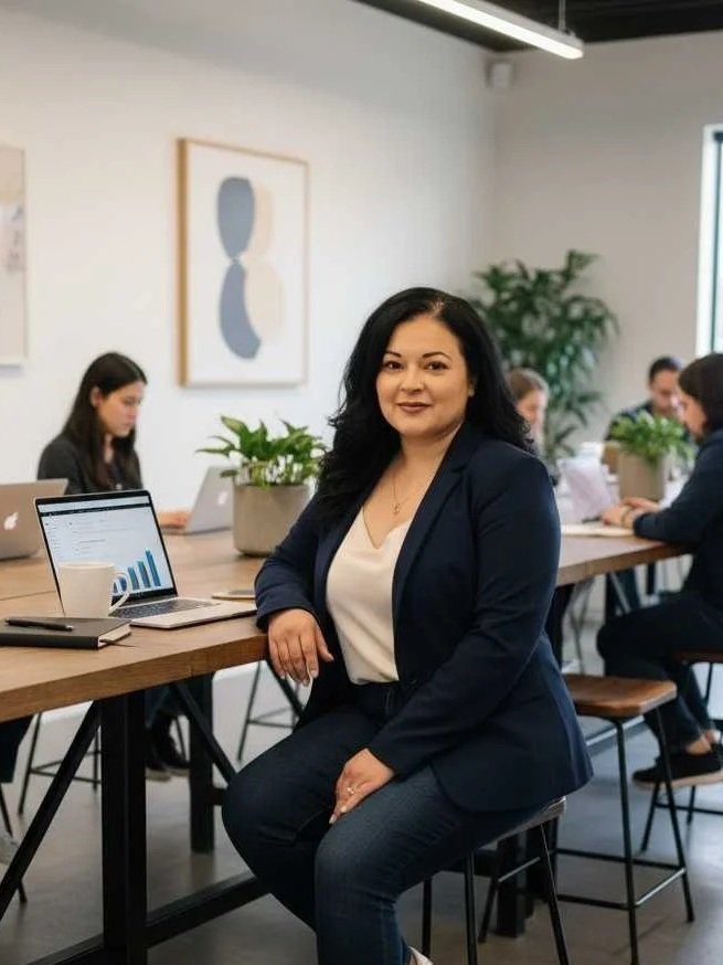 A woman with dark hair and a blazer sitting at a conference table in a modern office, with other people working on laptops in the background.