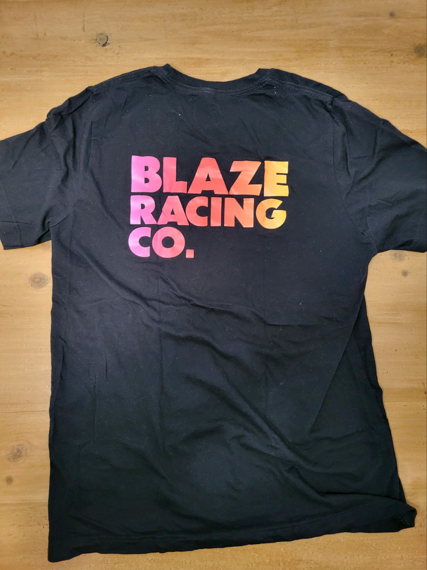 Black t-shirt with large Blaze Racing Co. on back