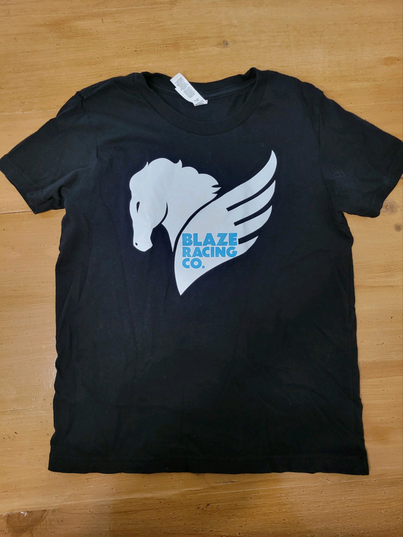 Black t-shirt with large Blaze Racing Co. image on front with words