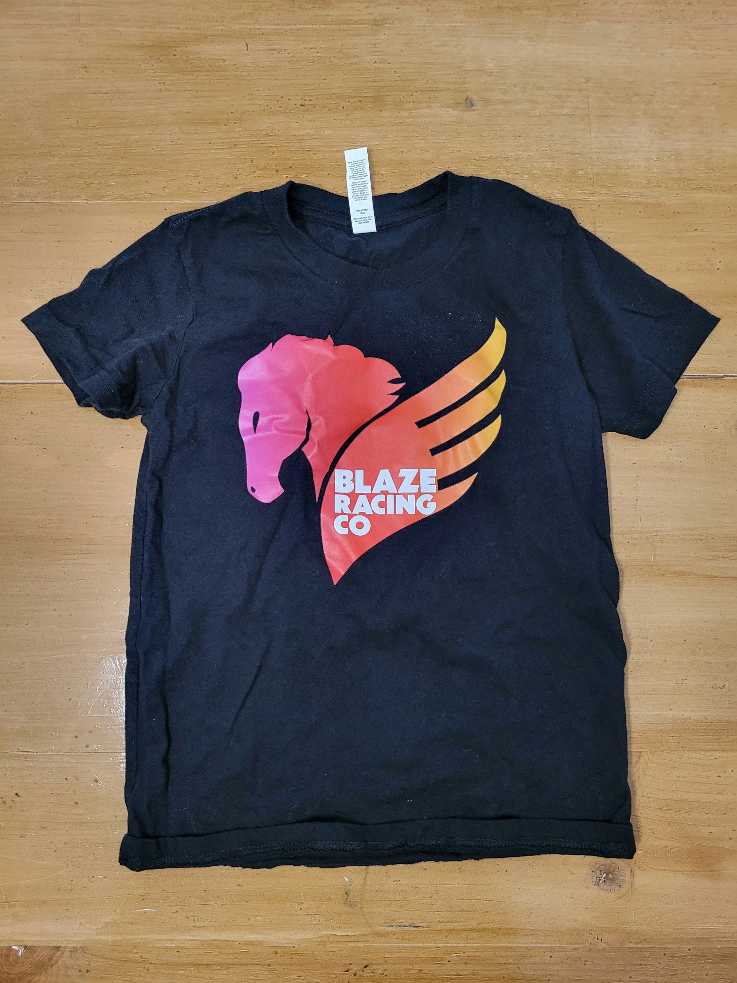 Black t-shirt with large Blaze Racing Co. image on front with words.